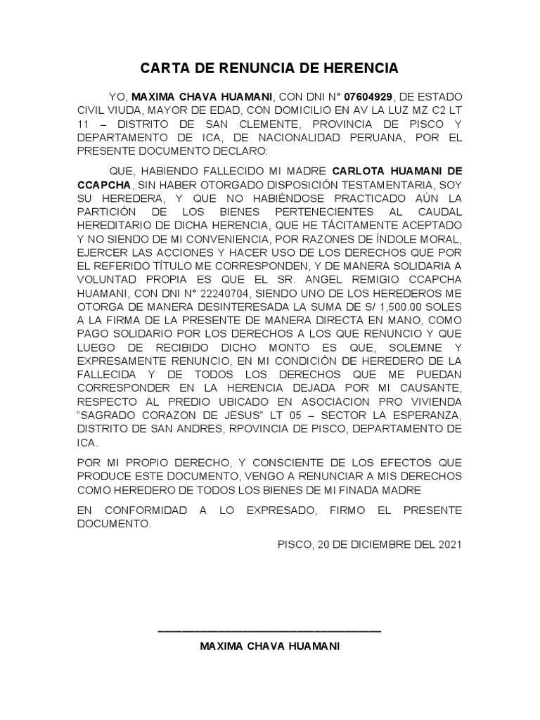 Carta de Renuncia de Herencia PDF