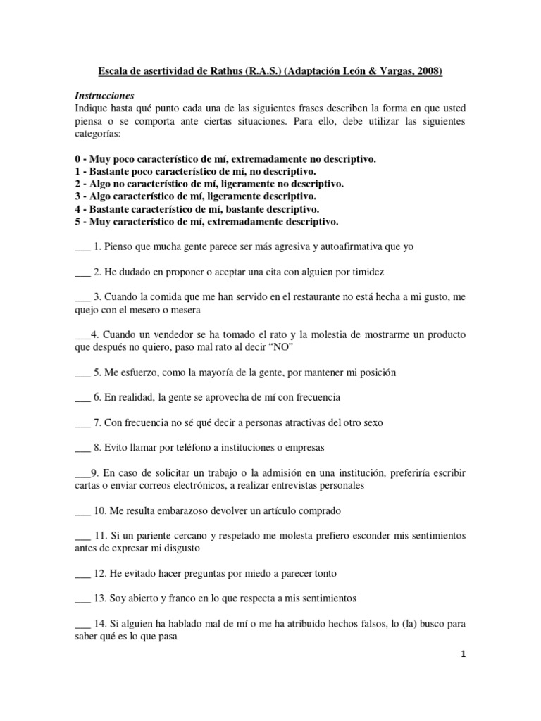 Escala de Asertividad de Rathus (R.A.S.) | PDF