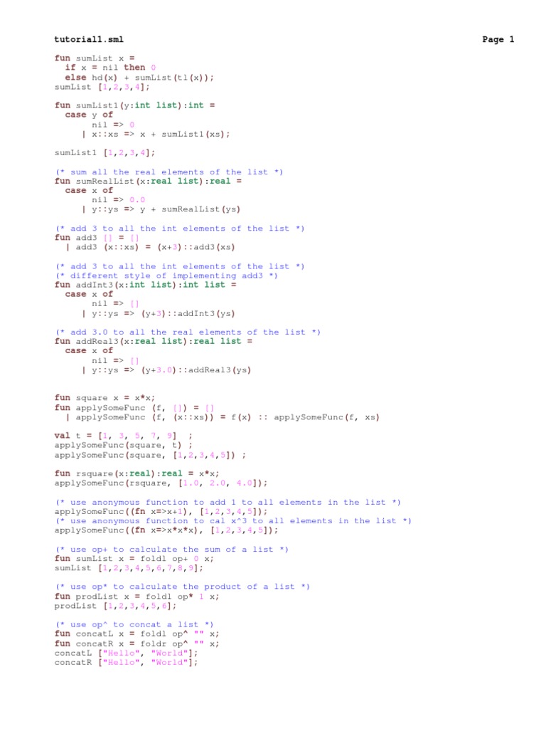 Int List Int: Tutorial1.Sml Page 1 | PDF | Programming Paradigms ...