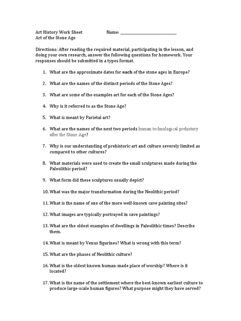 Art History Work Sheet Art of The Stone Ages PDF