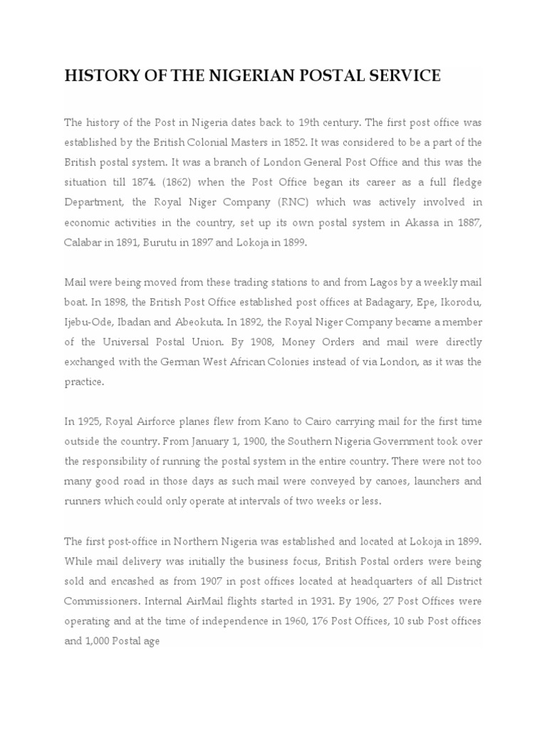 History of The Nigerian Postal Service PDF Mail United States