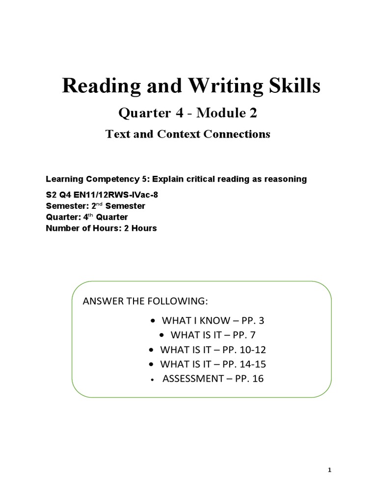 Reading and Writing Skills: Quarter 4 - Module 2 | PDF | Argument ...