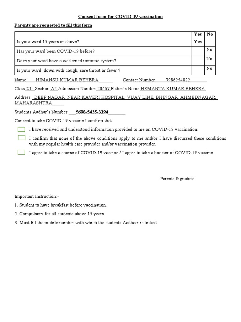 Consent Form For COVID-19 Vaccination Parents Are Requested To Fill ...