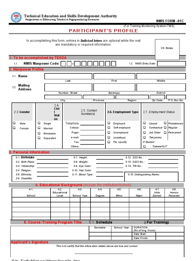 TESDA Manpower Profile Form Business Business