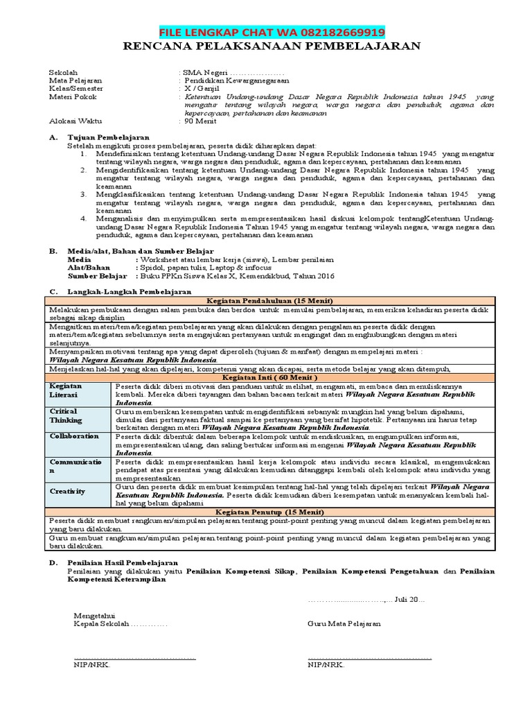 Contoh RPP 1 Lembar PPKN Kelas 10 | PDF