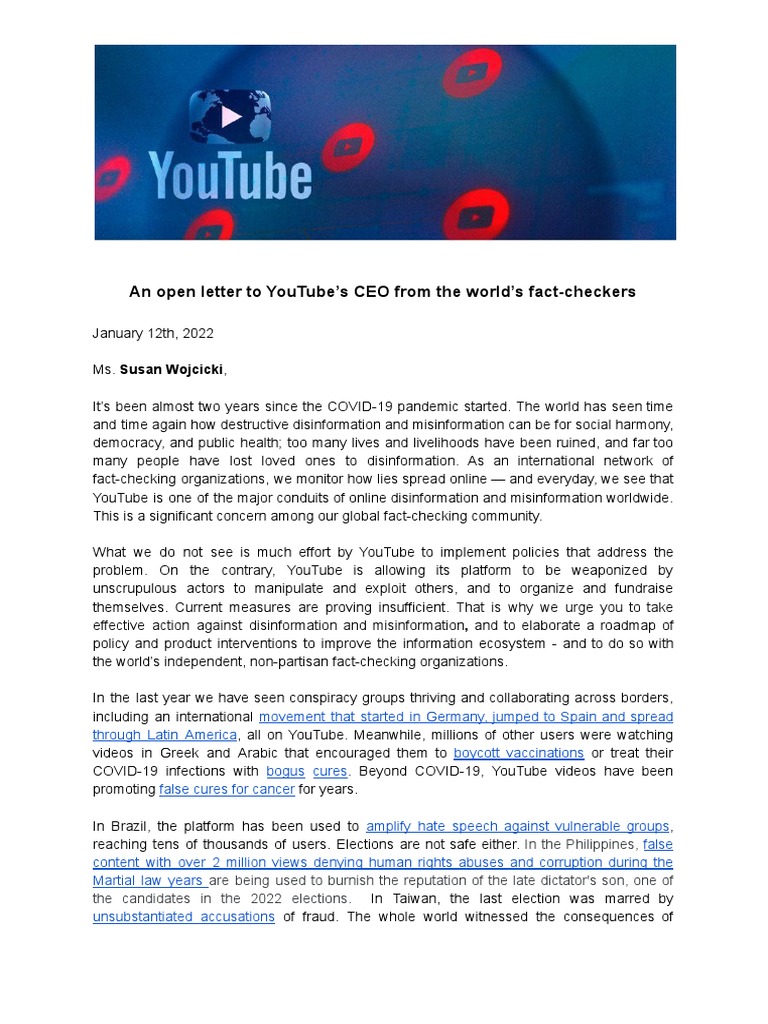 An Open Letter To YouTube's CEO From The World's FactCheckers (With Filipino Version) PDF