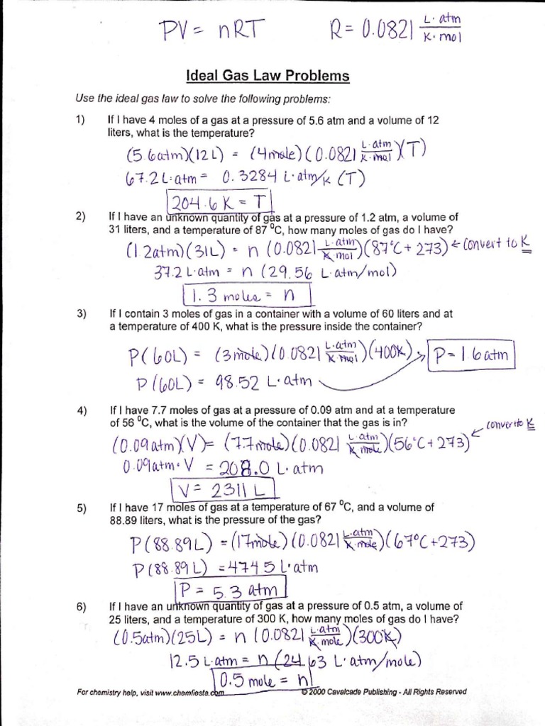Ideal and Combined Gas Law KEY PDF