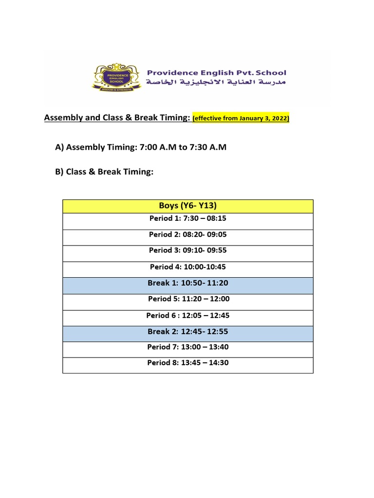 Assembly and Class & Break Timing | PDF