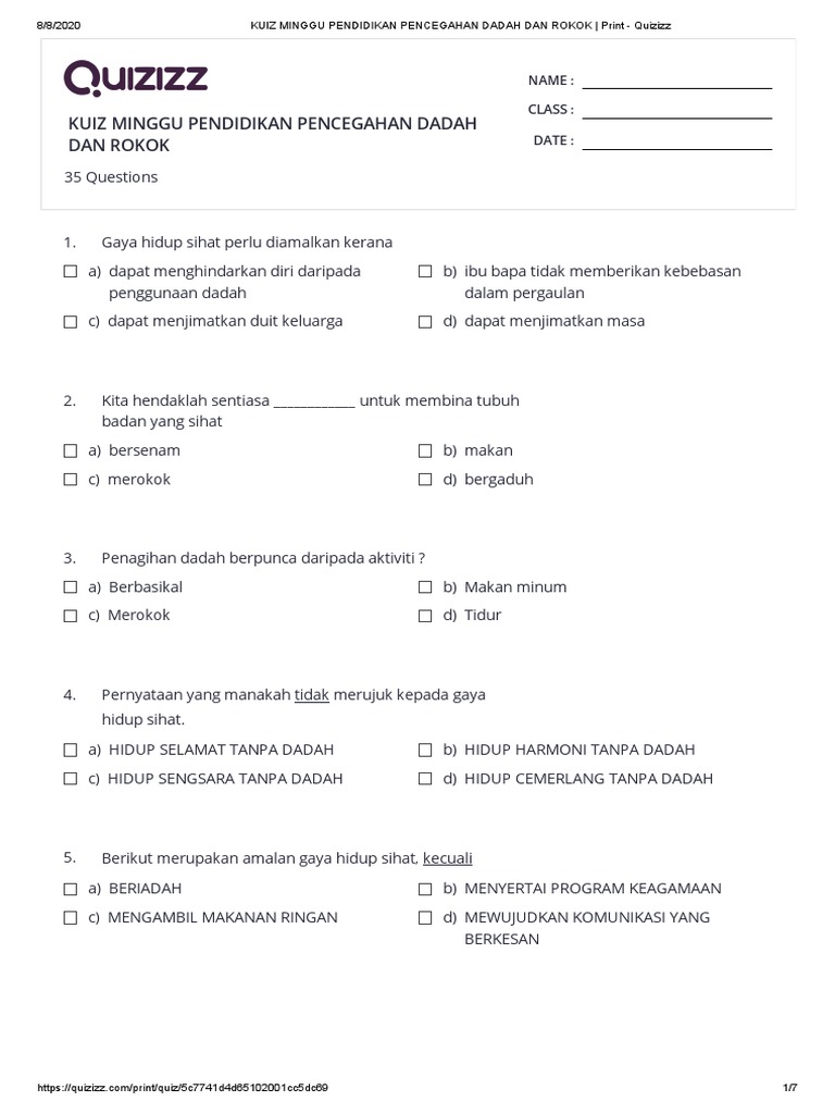 KUIZ MINGGU PENDIDIKAN PENCEGAHAN DADAH DAN ROKOK - Print - Quizizz | PDF