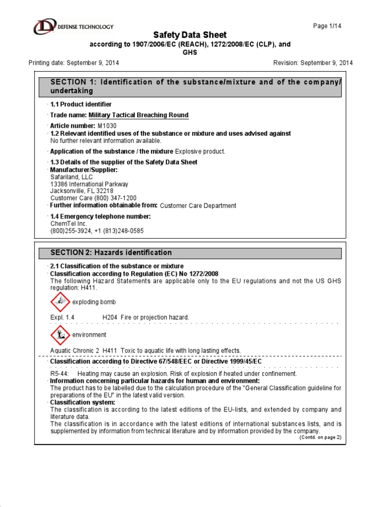 Safety Data Sheet SECTION 1 Identification of The Substance/mixture