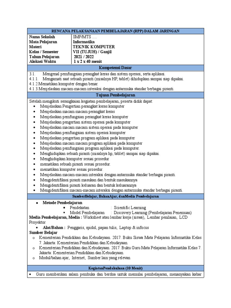 RPP Informatika Kelas 7: Teknik Komputer | PDF