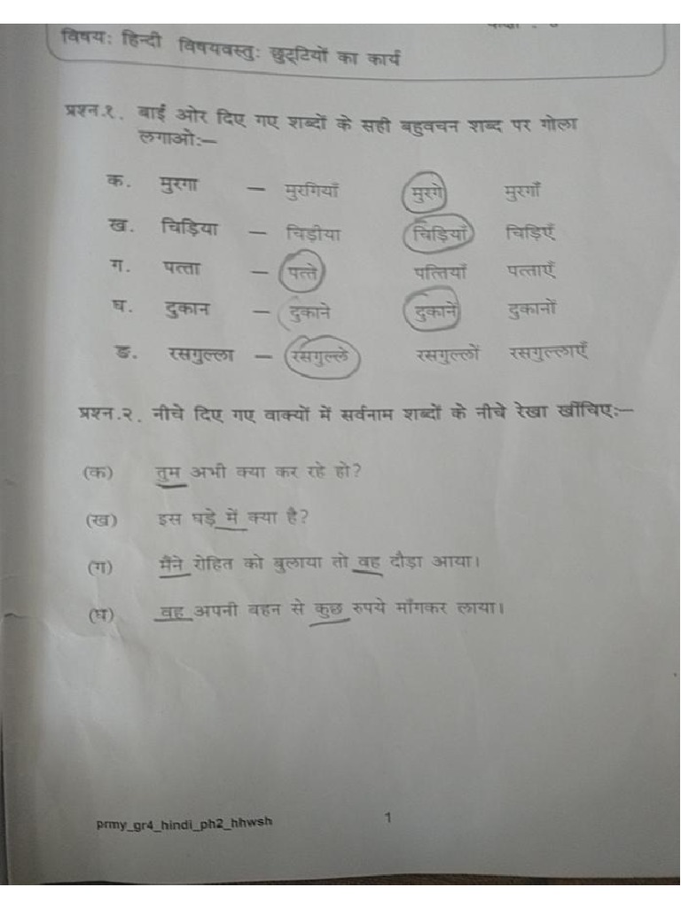 hindi holiday homework for class 7th