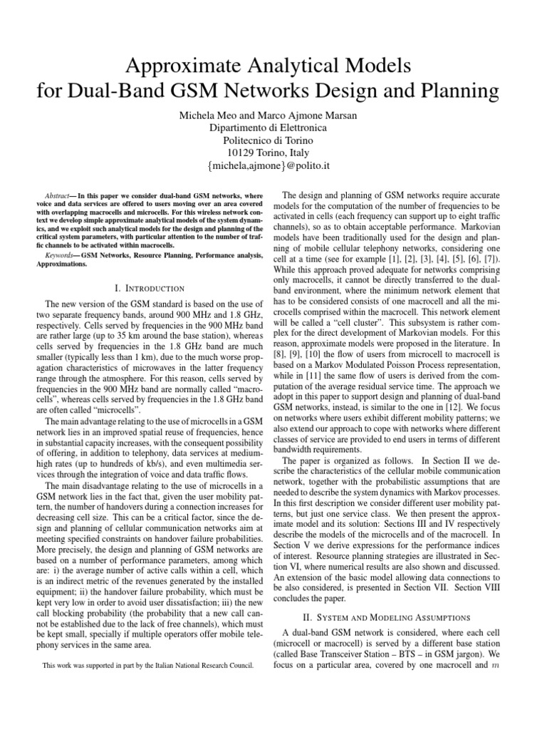Approximate Analytical Models For Dual-Band GSM Networks Design and ...