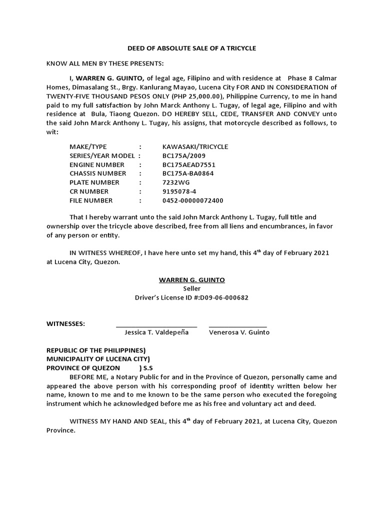 Deed of Absolute Sale of A Tricycle PDF