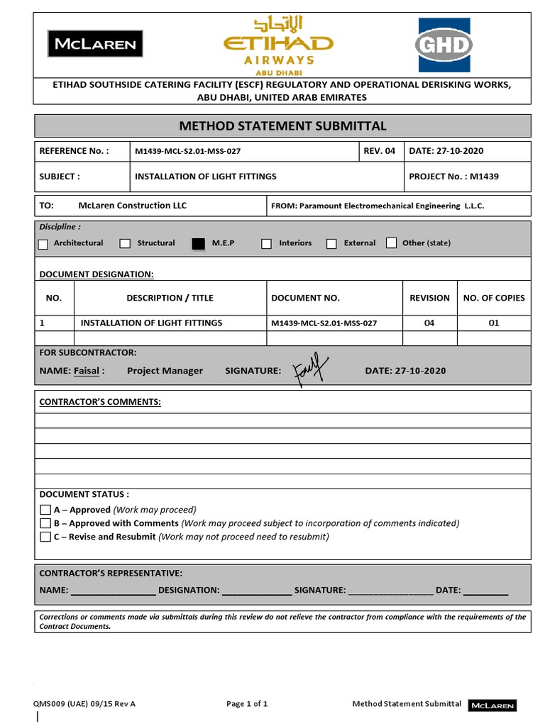 Light Fitting Installation Method Statement | PDF | Personal Protective ...