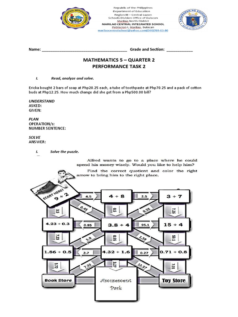 Mathematics 5 - Quarter 2 Performance Task 2 | PDF
