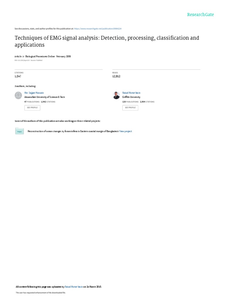 Techniques of EMG Signal Analysis Detection, Processing