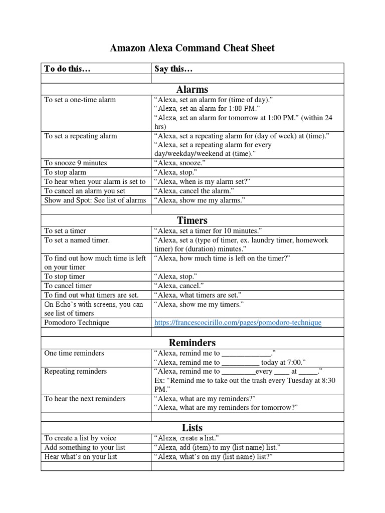 Amazon Alexa Command Cheat Sheet: To Do This Say This | PDF | Amazon