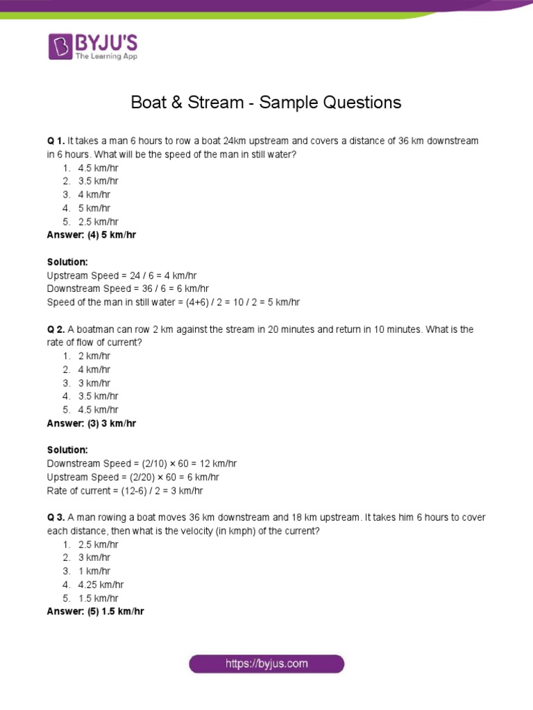 Boat Stream Sample Questions PDF Speed Motion (Physics)
