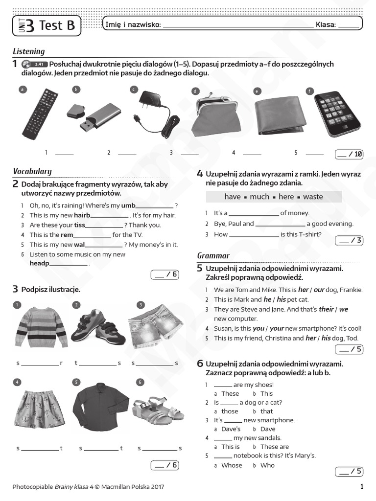 Test Z Jezyka Angielskiego Klasa 4 Unit 3
