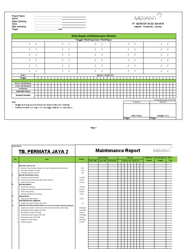 Laporan Harian Pemeliharaan Kapal | PDF | Teknologi & Rekayasa