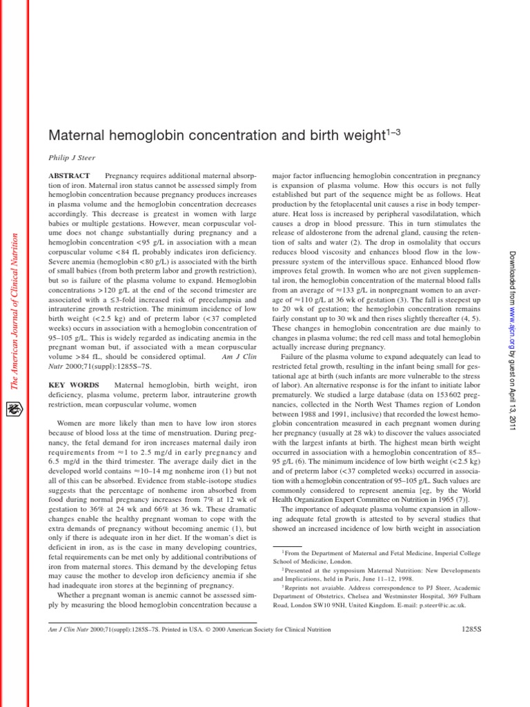 Maternal Hemoglobin Concentration and Birth Weight Philip J Steer