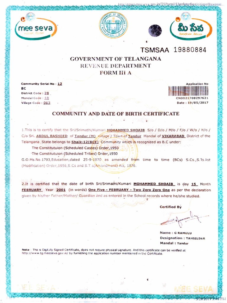 Community and Date of Birth Certificate Caste Certificate PDF