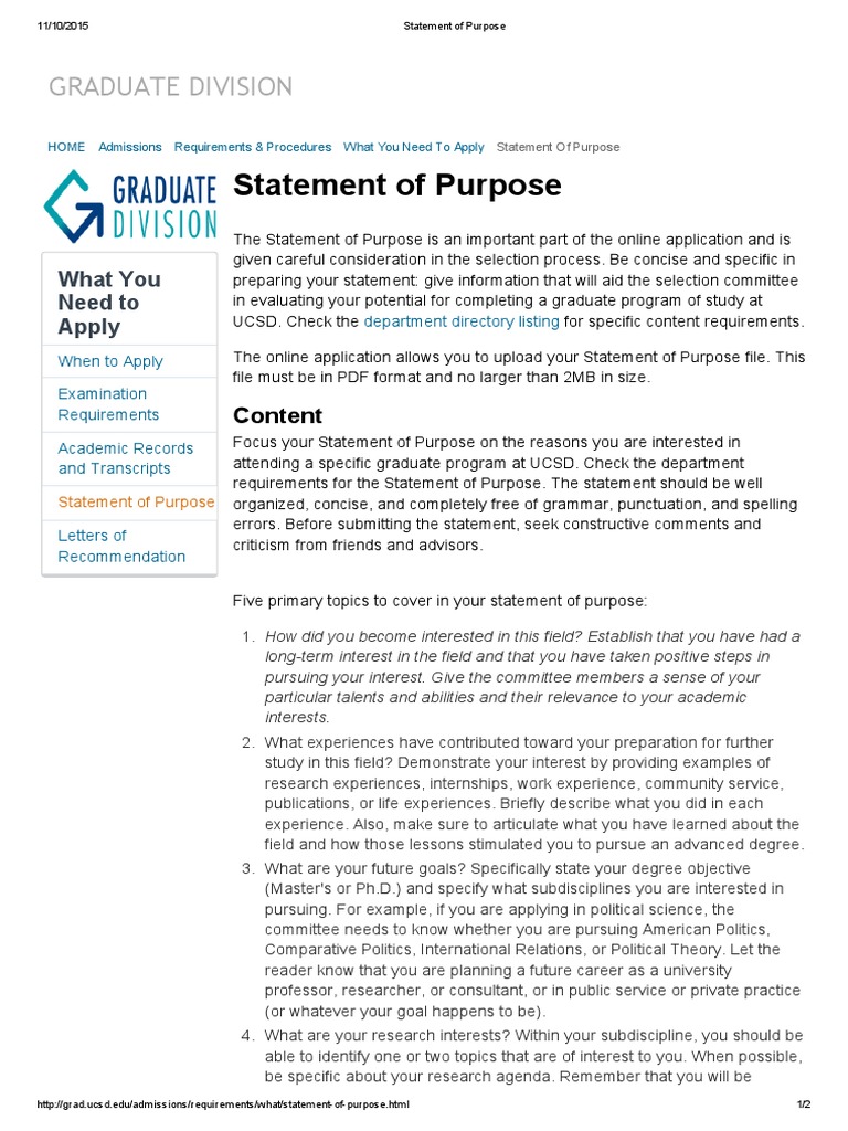 Statement of Purpose: Graduate Division | PDF | Goal | Academic Degree