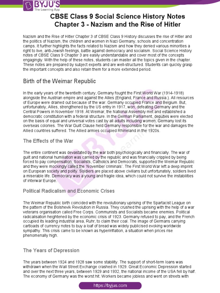Cbse Class 9 Social Science History Notes Chapter 3 Nazism And The Rise