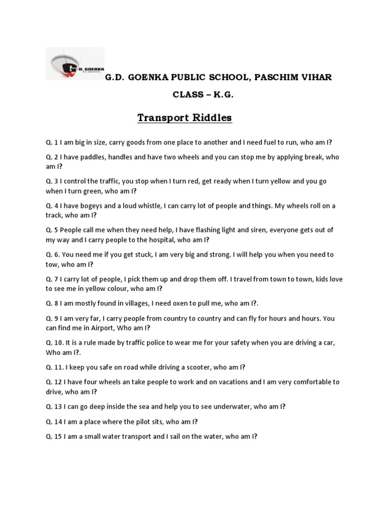 Transport Riddles: G.D. Goenka Public School, Paschim Vihar Class - K.G ...