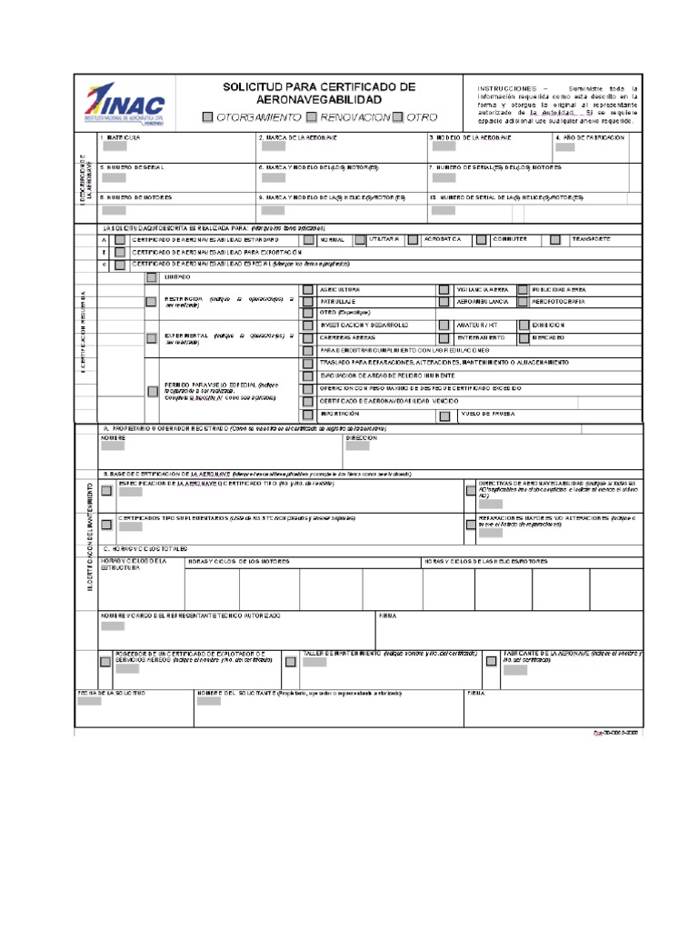 Forma INAC-21-005 - PI Solicitud para Certificado de Aeronavegabilidad ...