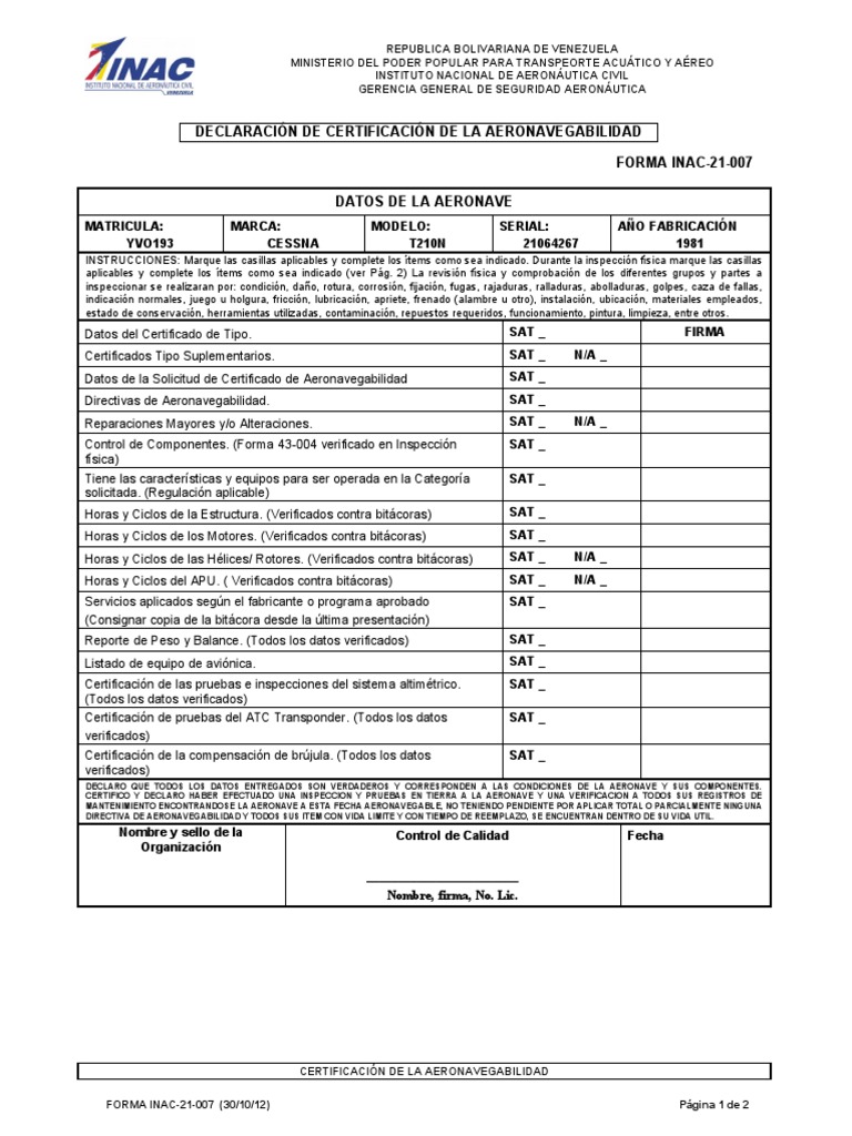 Forma INAC-21-007 (Master) | PDF | Ingeniería Aeroespacial | Aeronáutica
