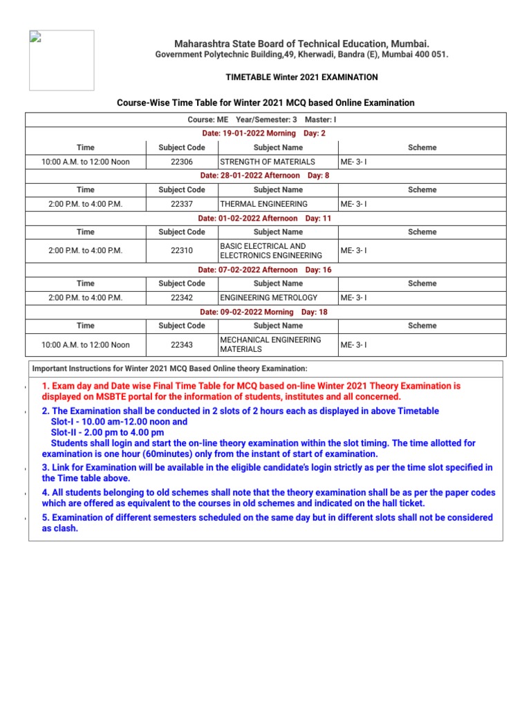 MCQ Based Online Examination MSBTE Time Table For Winter 2021