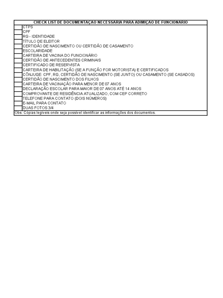 Check List Documentação para Contratação PDF