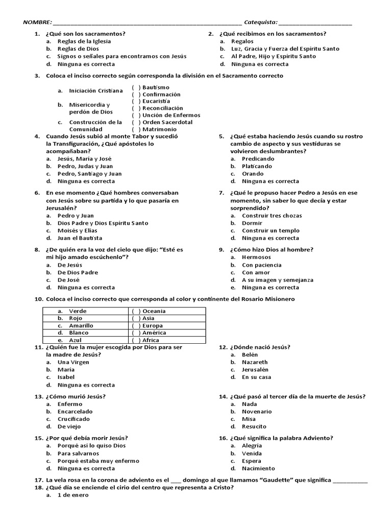 Examen para Niños de Primera Comunión PDF Jesús Sacramentos
