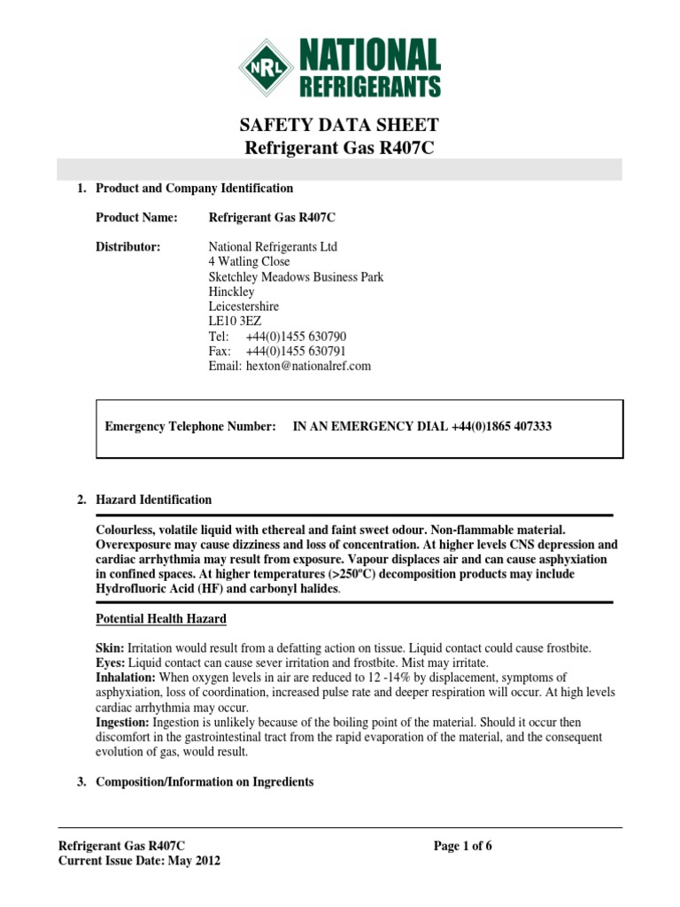 Safety Data Sheet Refrigerant Gas R407C | PDF | Firefighting | Water