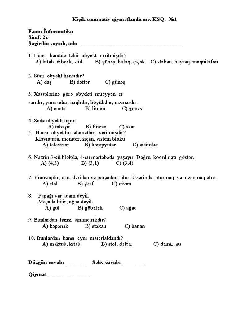 2 Sinif İnformatika Ksq 1 4 Bsq 1 2 Pdf