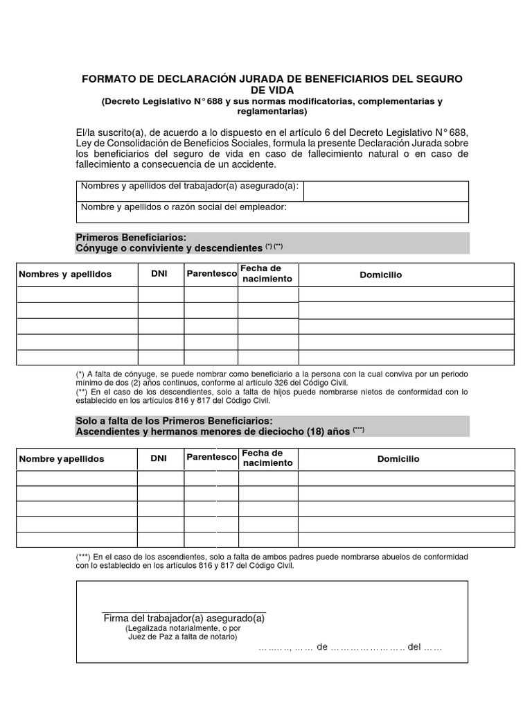 Formato de Declaracion Jurada - Seguro de Vida | PDF | Justicia ...