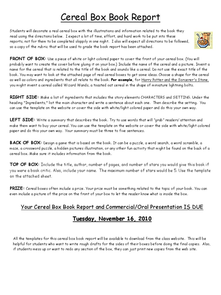 Cereal Box Book Report Guidelines | PDF | Books | Part Of Speech