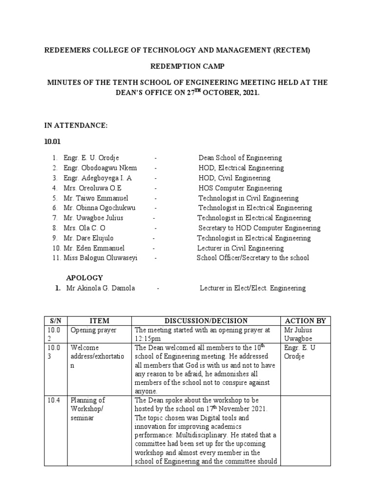 Tenth School of Engineering Minutes. | PDF | Science And Technology