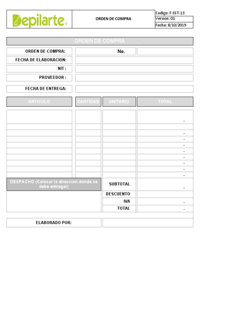Formato de Orden de Compra F-SST-13 | PDF