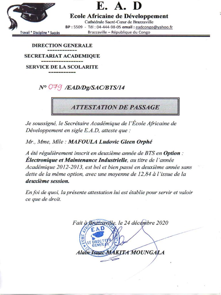 Attestation de Passage 2ème Année PDF — free download