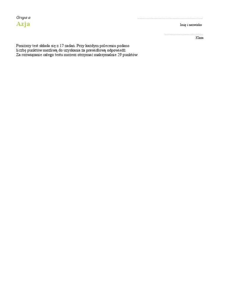 Azja Test Sprawdzający Rozdział 1 Klasa 8 Azja Test A I B | PDF