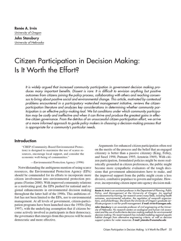 Evaluating Citizen Participation Benefits | PDF | Public Participation ...