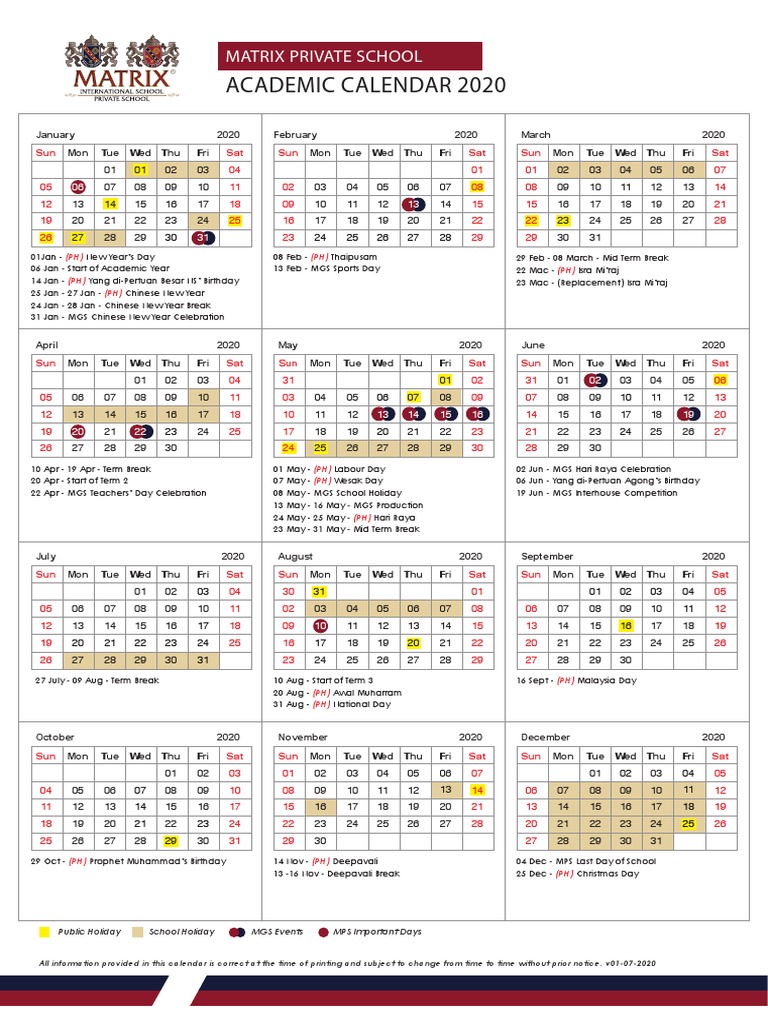 MATRIX PRIVATE SCHOOL 2020 ACADEMIC CALENDAR: A COMPREHENSIVE SCHEDULE
