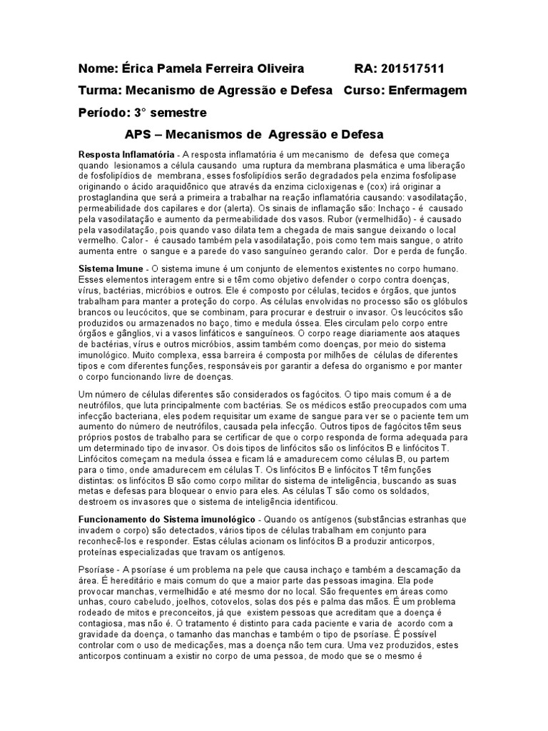 APS - Mecanismo de Agressão e Defesa | PDF | Linfócito | Sistema ...