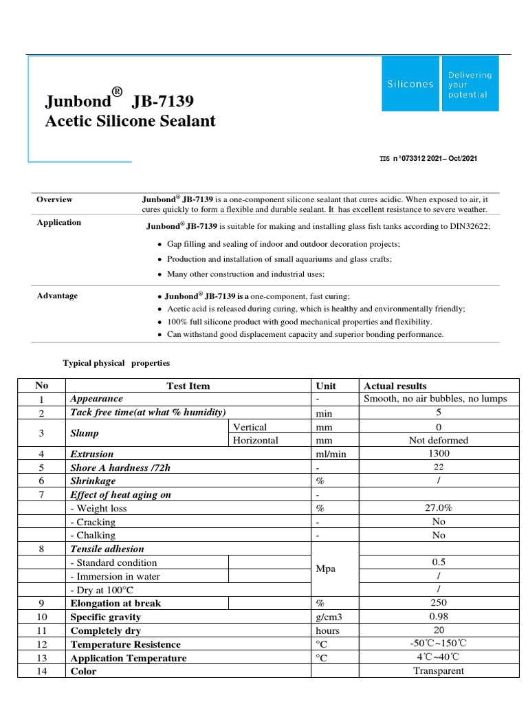 Junbond High Quality Acetic Silicone Sealant Technical Data Sheet