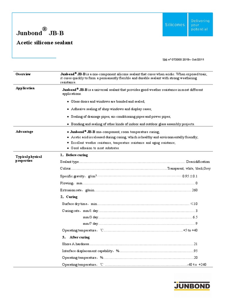 Junbond High Quality Acetic Silicone Sealant Technical Data Sheet
