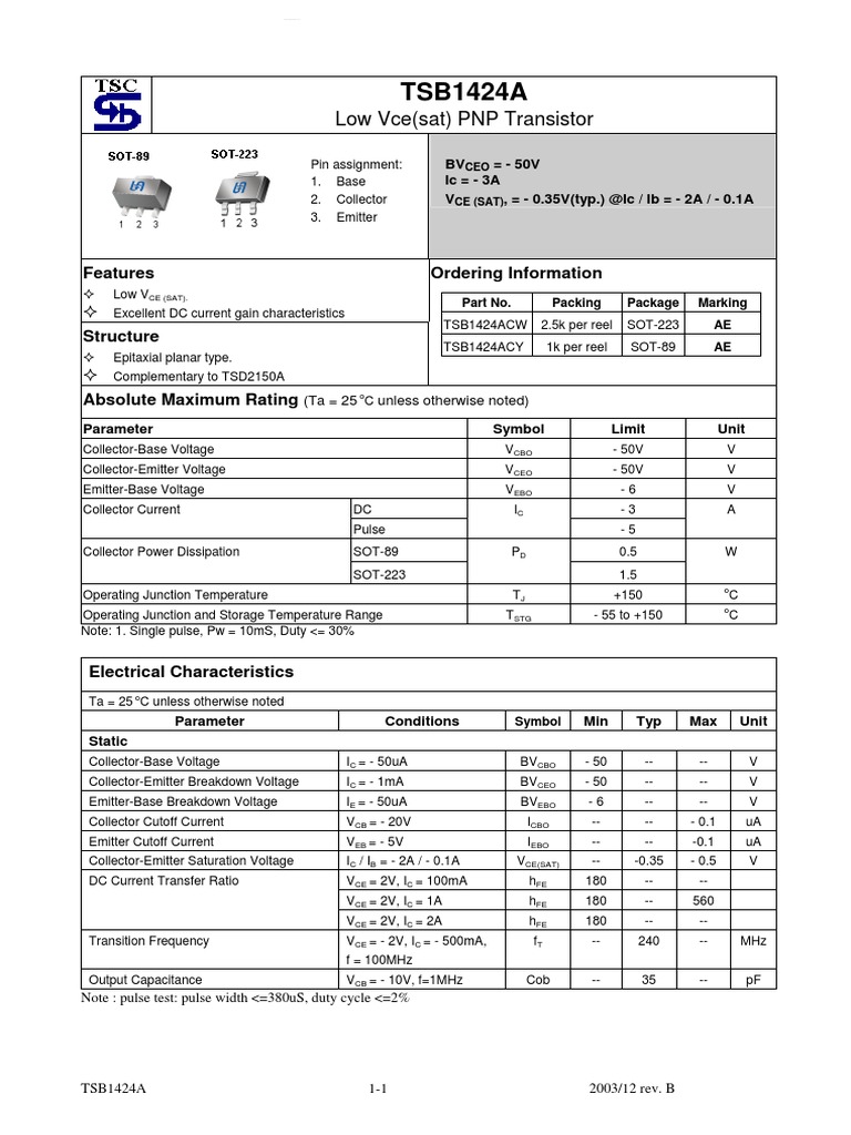 TSB1424A Low Vce (Sat) PNP Transistor Download Free PDF Bipolar Junction Transistor