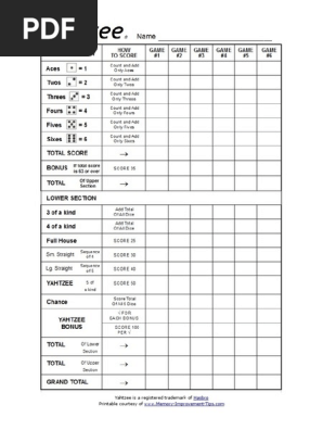 Yahtzee Score Sheet Large